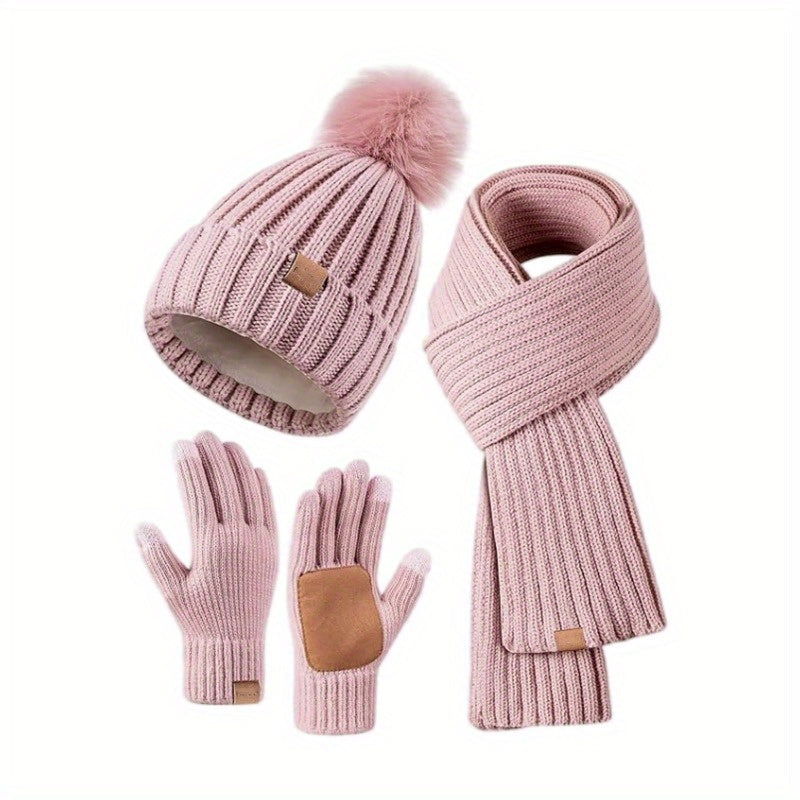 3-in-1 Knitted Winter Set with Hat, Scarf, and Touchscreen Gloves