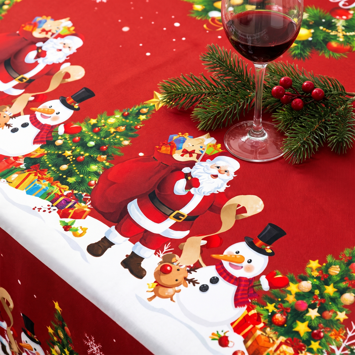 Christmas Tablecloth - Red Tablecloth with Santa Claus, Snowman and Christmas Wreath