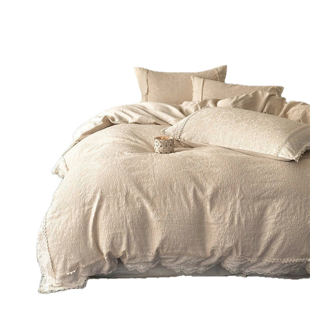 Cotton-Linen Bedding Set with Floral Jacquard Texture and Fine Lace Trim