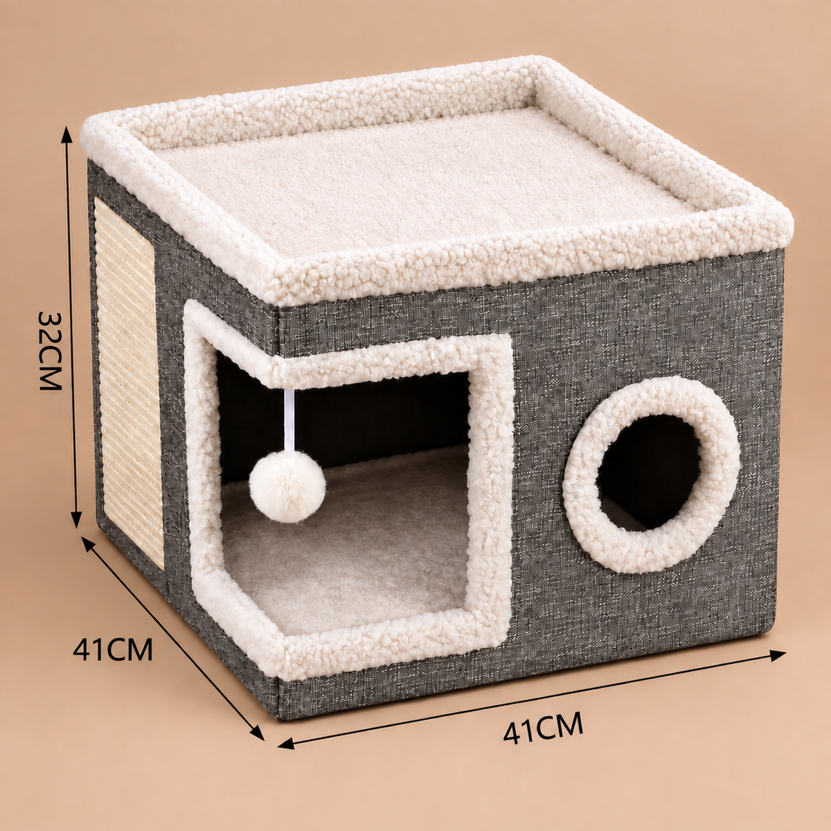Foldable Cat House with Double-Sided All-Season Cushion and Hanging Toy