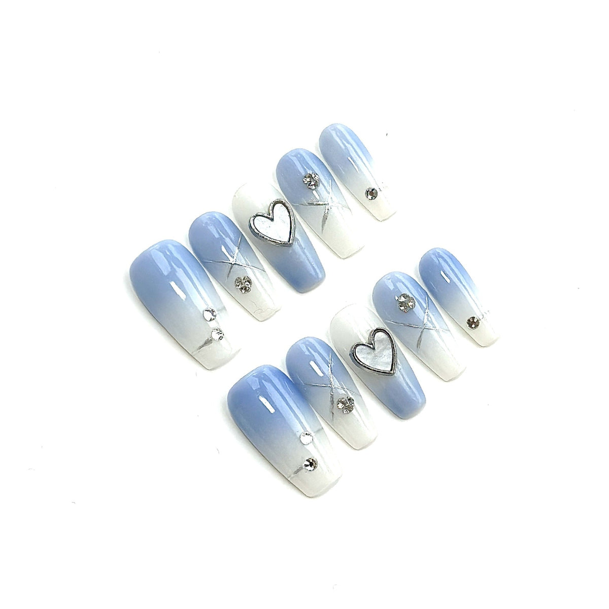 Ombré Press-On Nail Set with Heart and Gem Accents