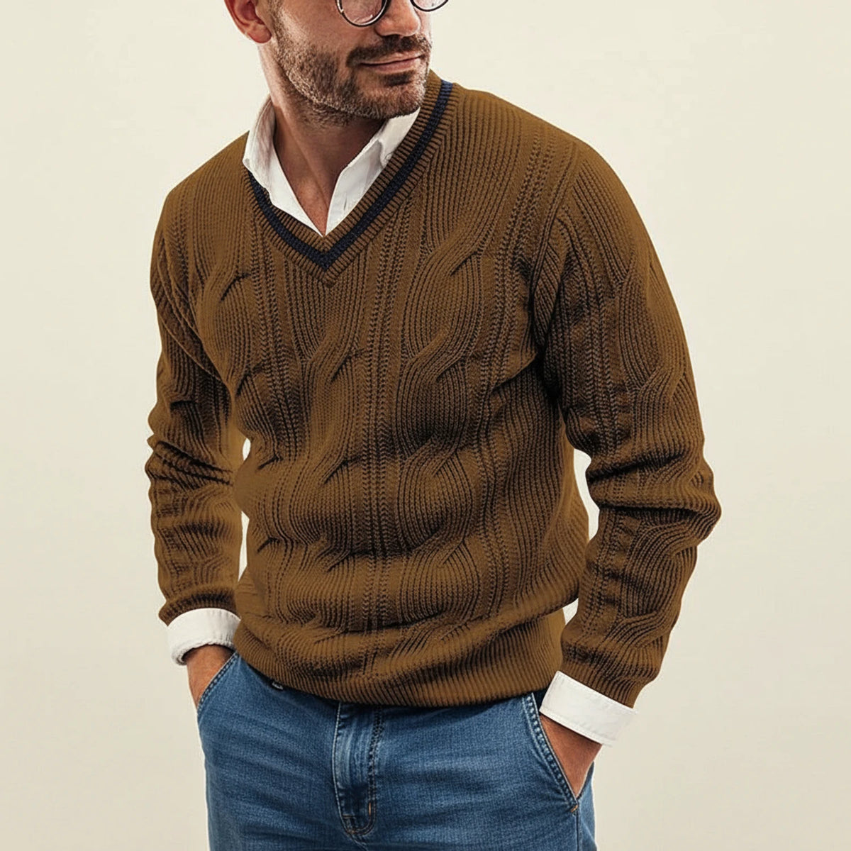 Men's Cable Knit V-Neck Sweater