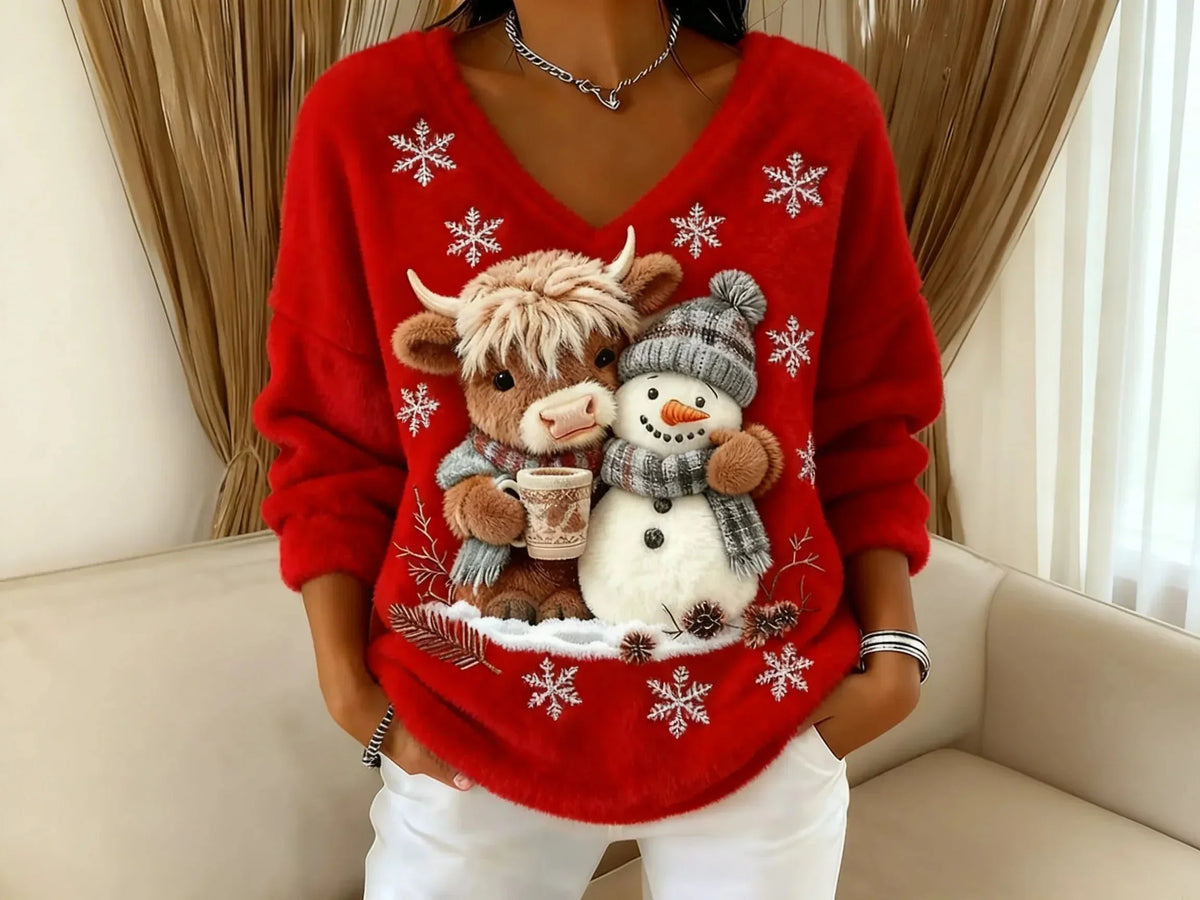 Women's Festive Christmas Sweater with Reindeer and Snowman Motifs - Warm Knit Holiday Sweater