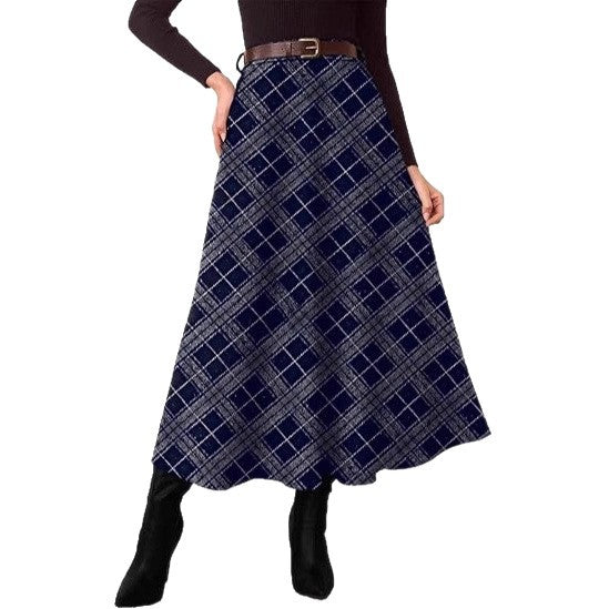 Women's High-Waisted Checked A-Line Midi Skirt with Side Pockets
