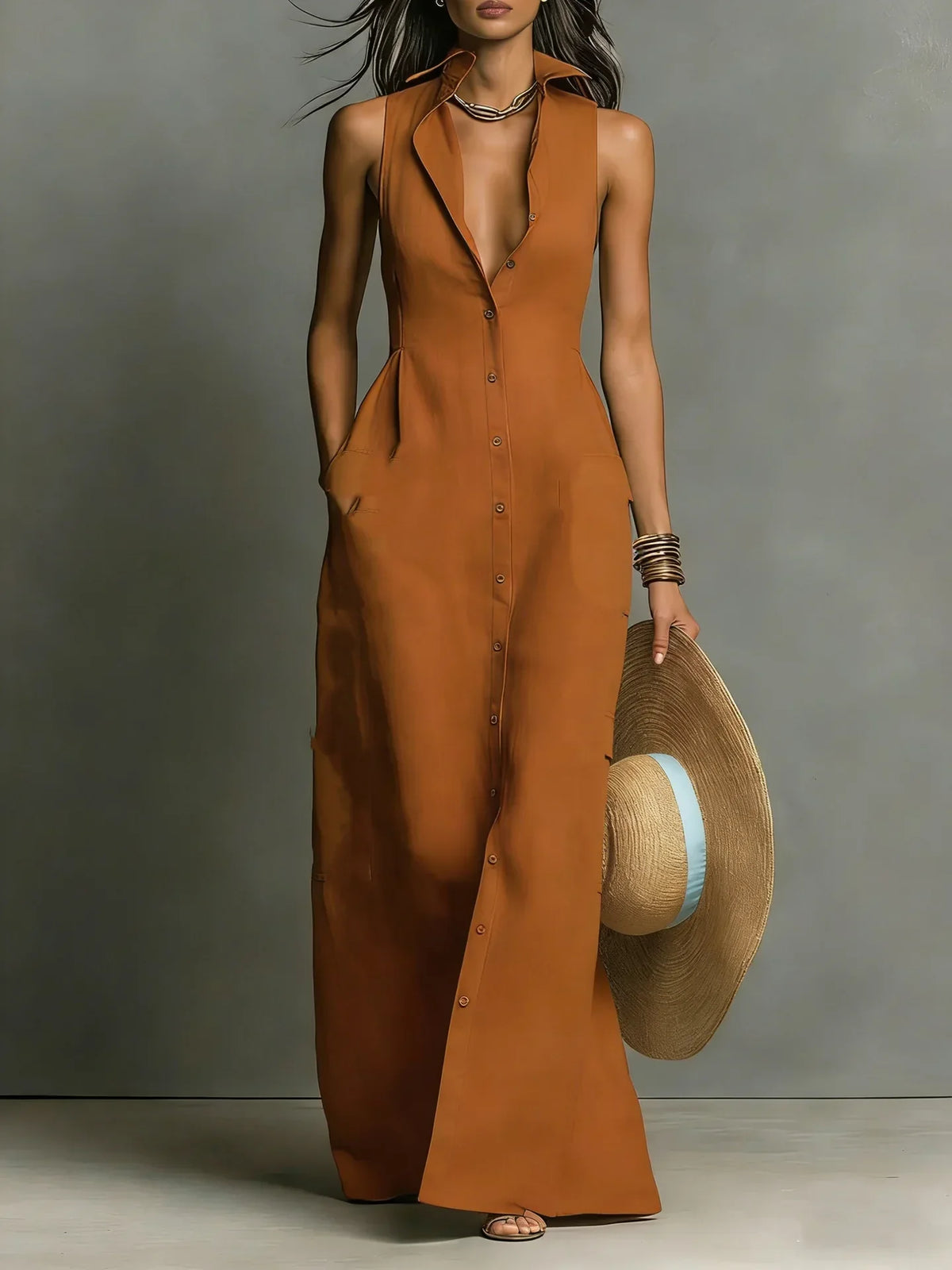 Women's V-Neck Maxi Shirt Dress