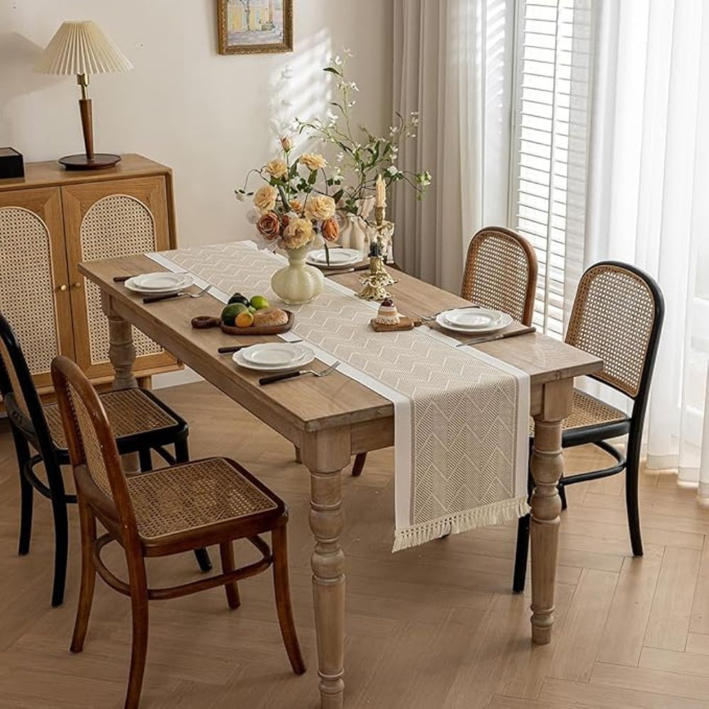 Woven Chevron Microfiber Table Runner with Tassels