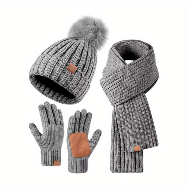 3-in-1 Knitted Winter Set with Hat, Scarf, and Touchscreen Gloves