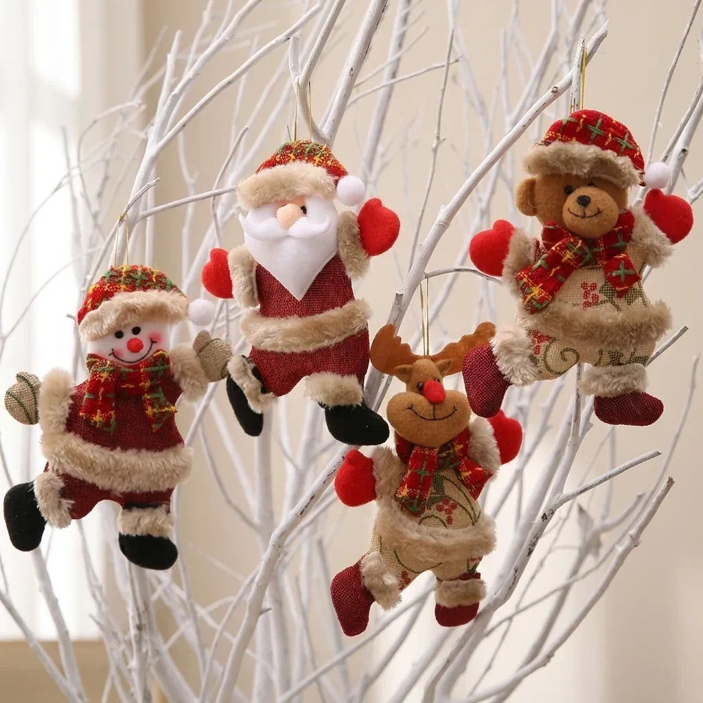 4-Piece Plush Christmas Hanging Ornaments Set with Burlap Bodies, Faux Fur Trim and Flannel Scarves