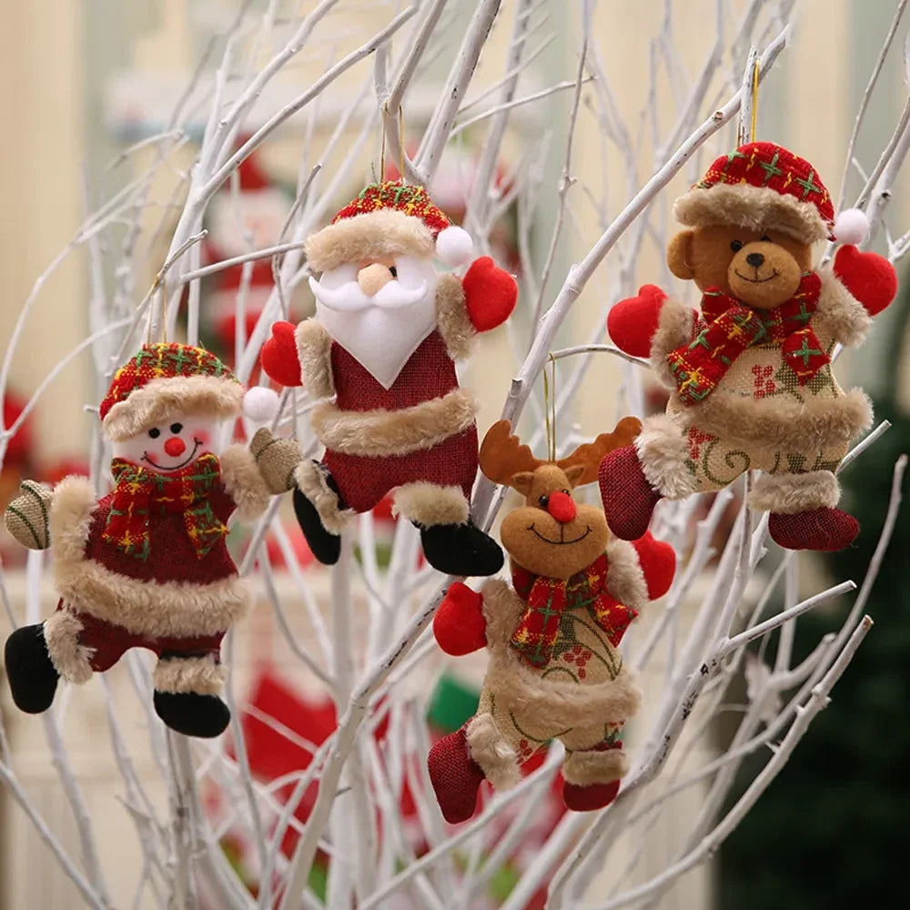 4-Piece Plush Christmas Hanging Ornaments Set with Burlap Bodies, Faux Fur Trim and Flannel Scarves
