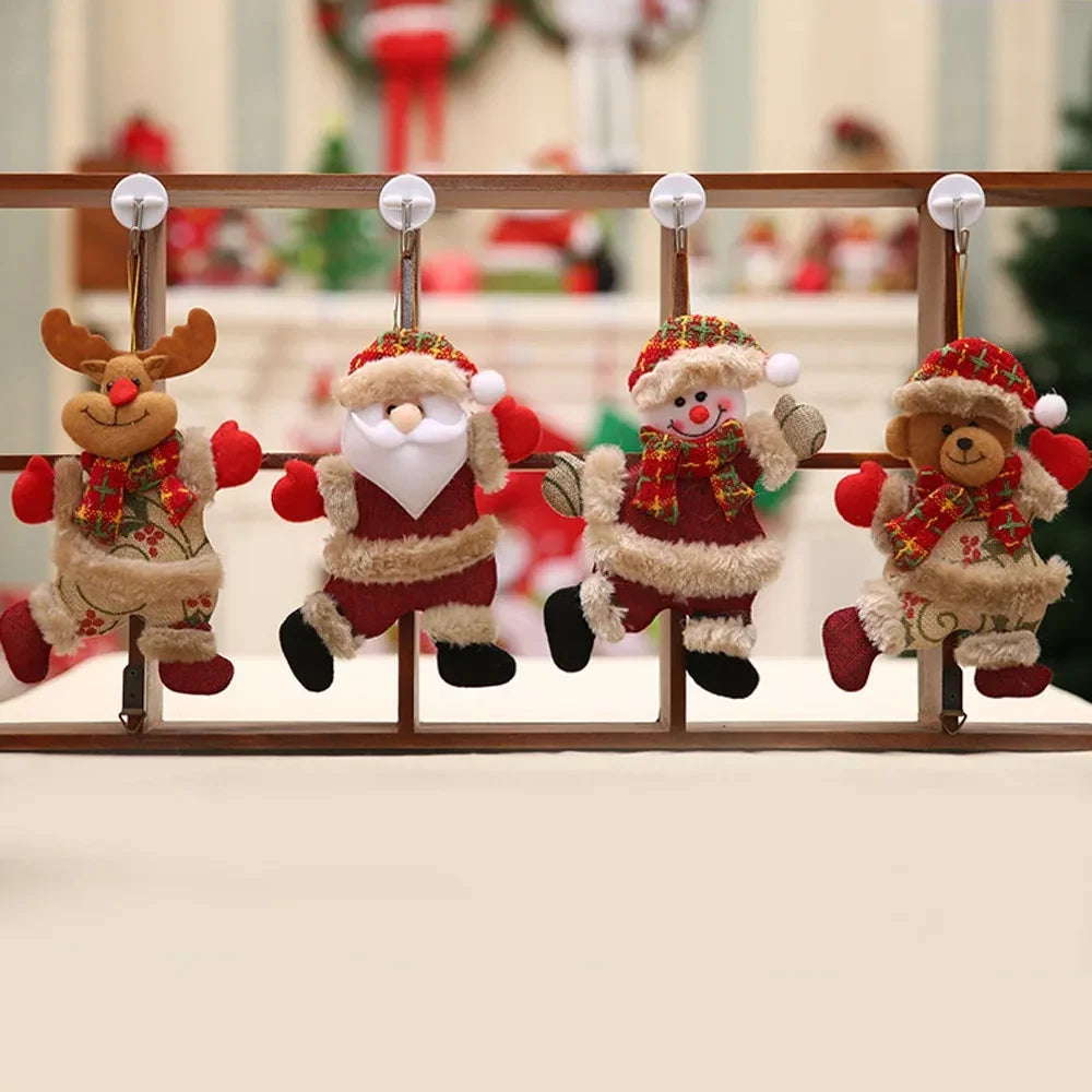 4-Piece Plush Christmas Hanging Ornaments Set with Burlap Bodies, Faux Fur Trim and Flannel Scarves