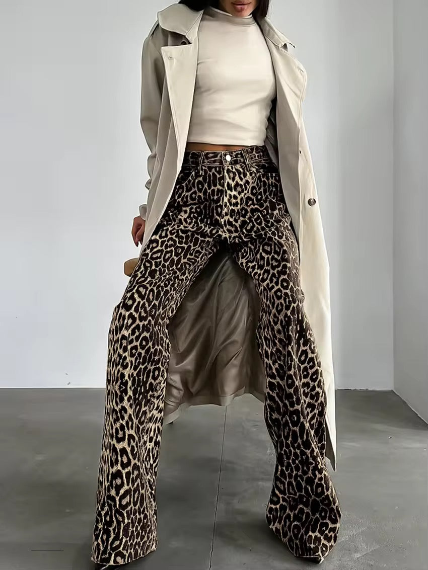 Image of Amanda | Women's High-Waisted Leopard Print Wide Leg Jeans