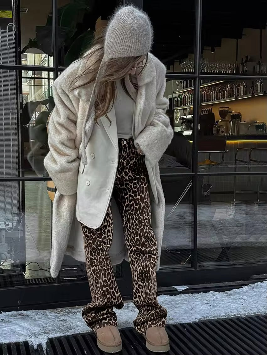 Image of Amanda | Women's High-Waisted Leopard Print Wide Leg Jeans