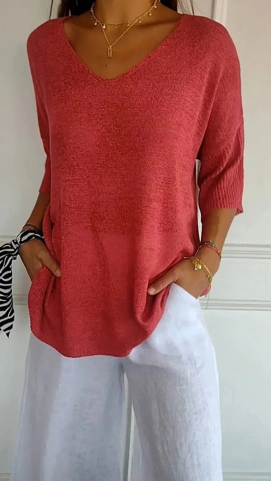 Image of Ashley | Women's Oversized Knit V-Neck Top