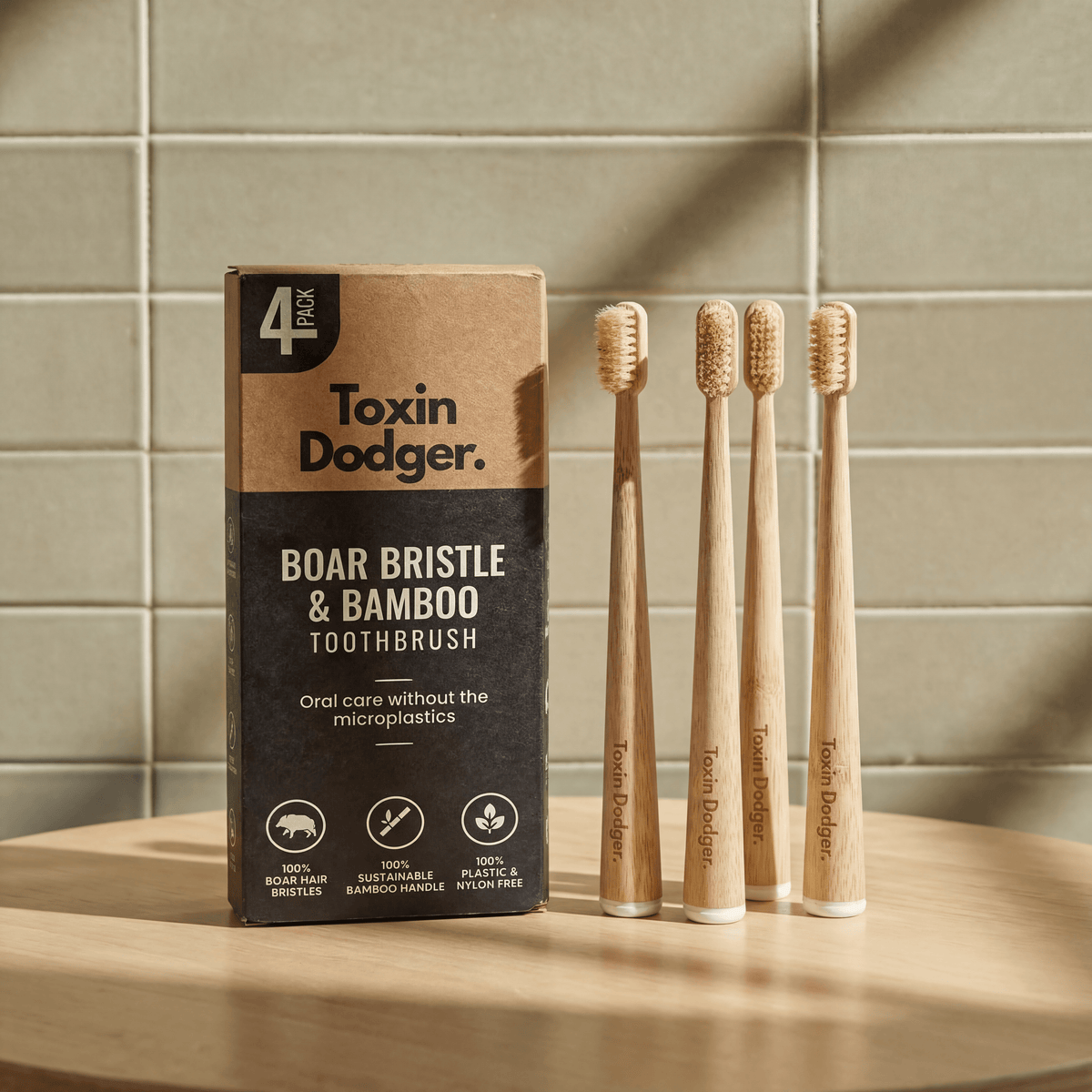 Bamboo Toothbrush Set of 4 with Boar or Horse Natural Bristles