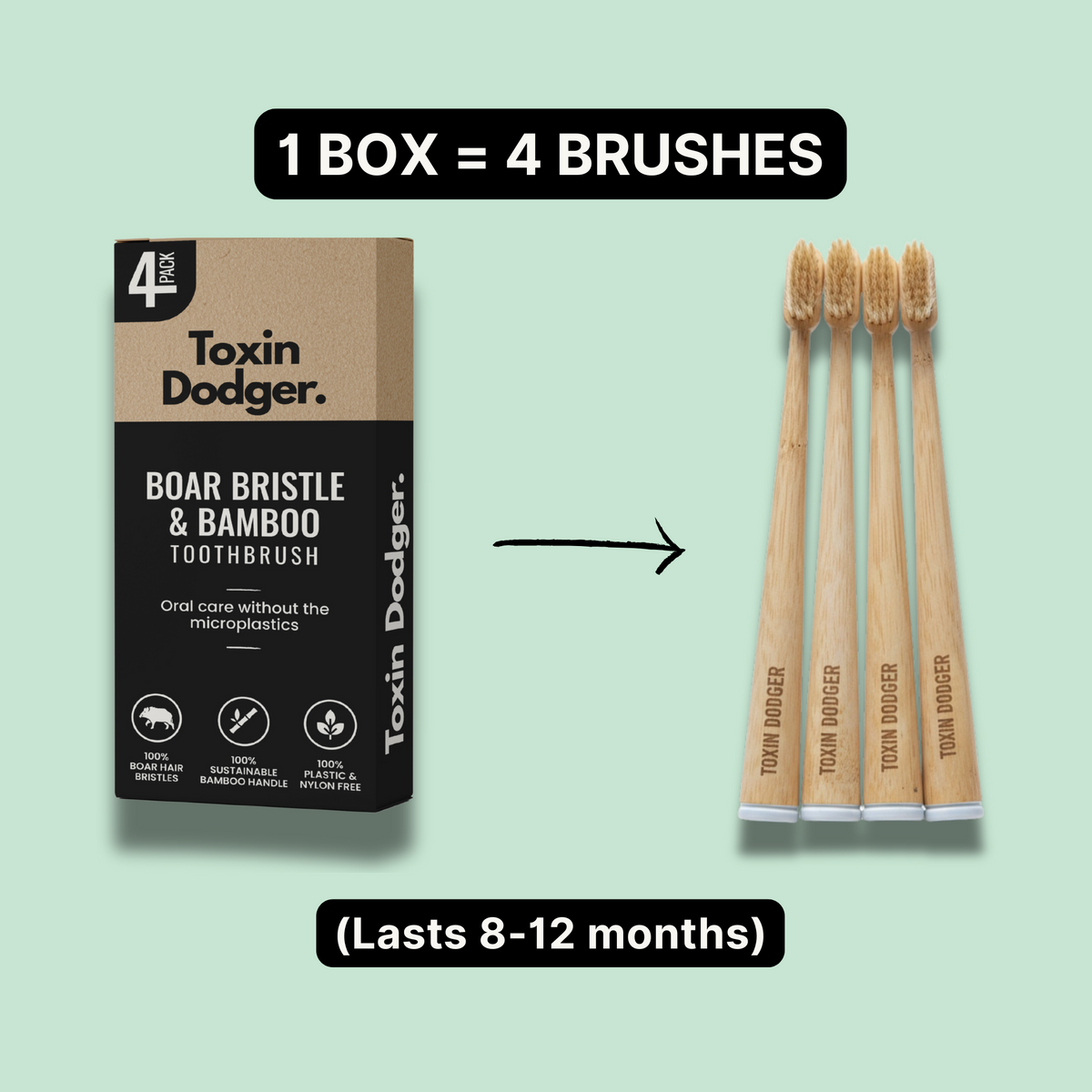 Bamboo Toothbrush Set of 4 with Boar or Horse Natural Bristles
