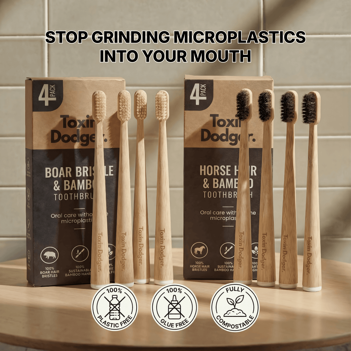 Bamboo Toothbrush Set of 4 with Boar or Horse Natural Bristles