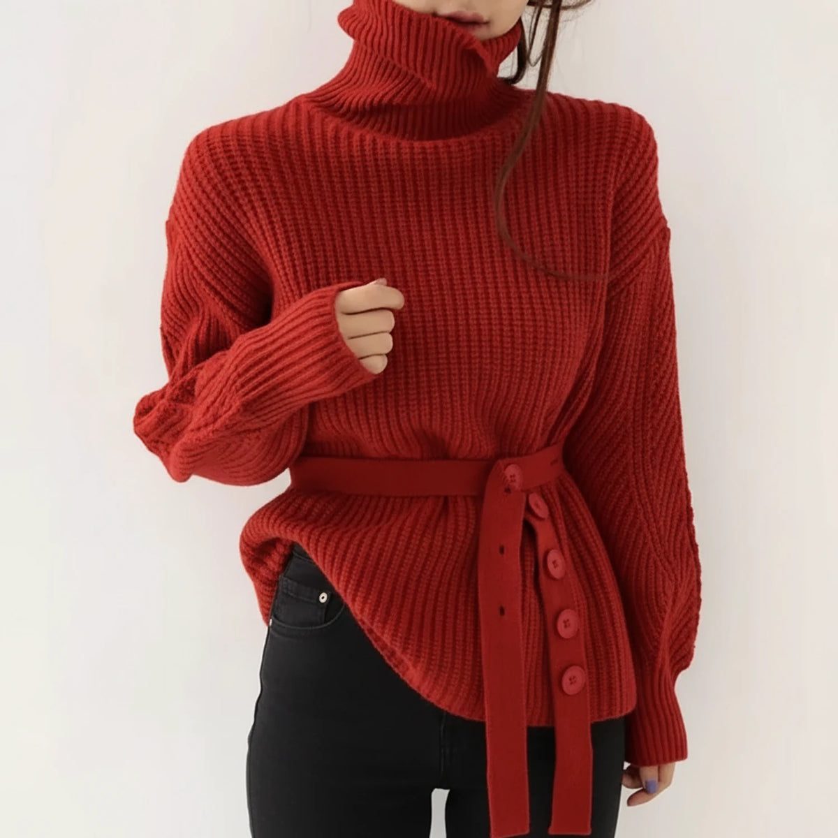 Belted Turtleneck Sweater for Women