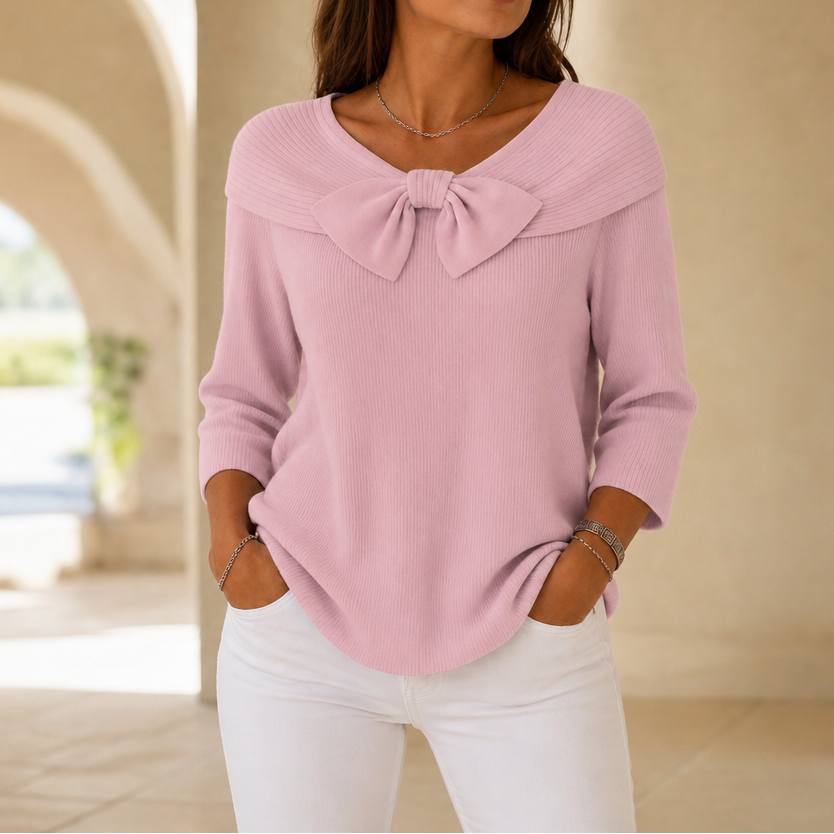 Bow-Neck Ribbed Knit Sweater