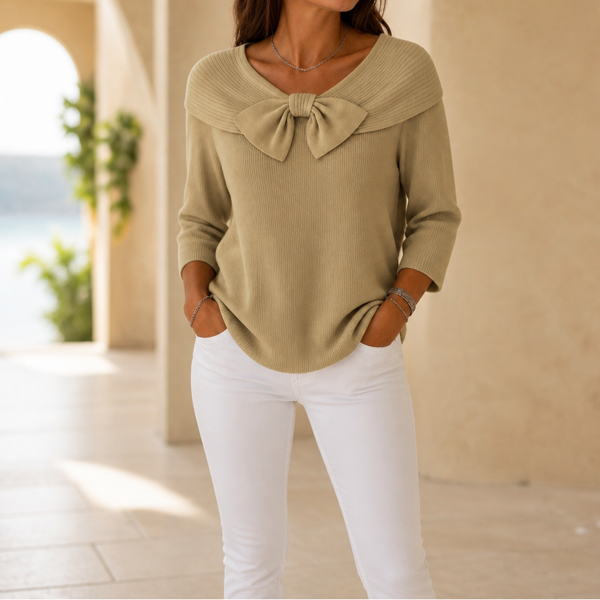 Bow-Neck Ribbed Knit Sweater