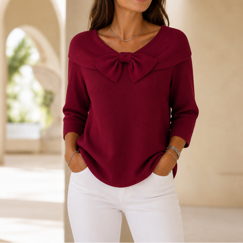 Bow-Neck Ribbed Knit Sweater