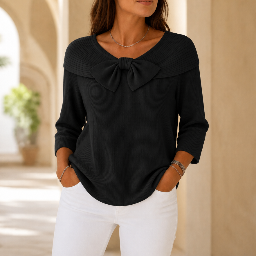 Bow-Neck Ribbed Knit Sweater