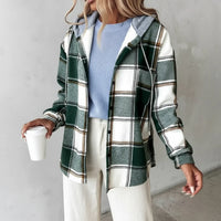 Button-Down Hooded Plaid Jacket for Women