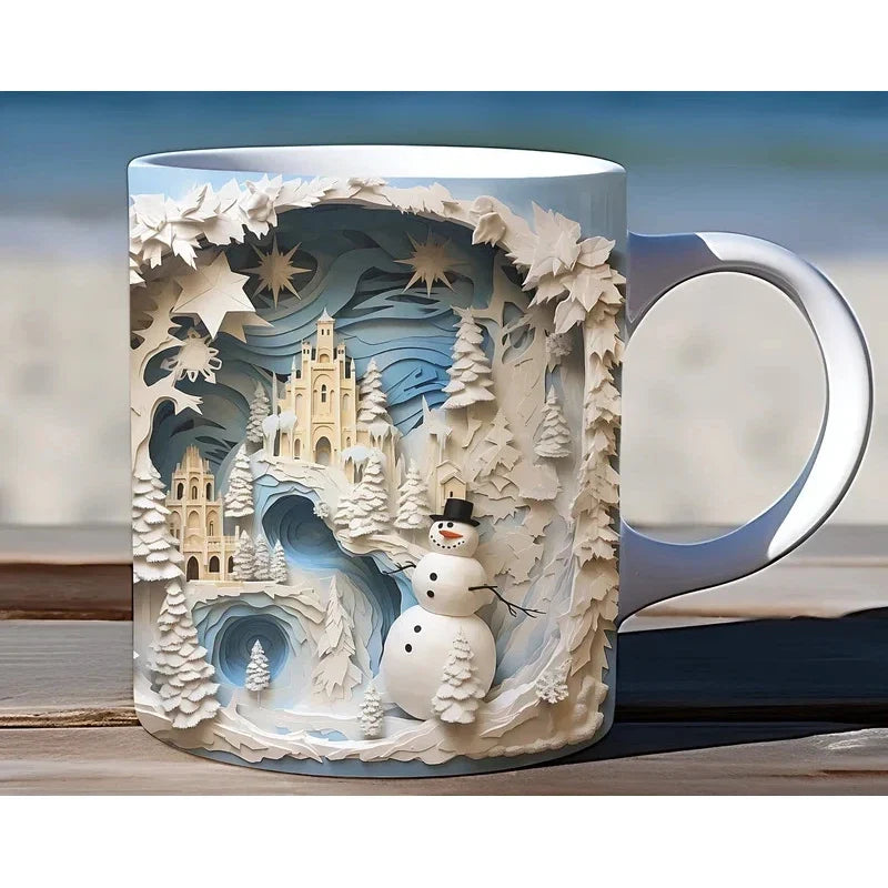 Christmas Ceramic Coffee Mug with 3D Snowman Illusion Print and C-Handle