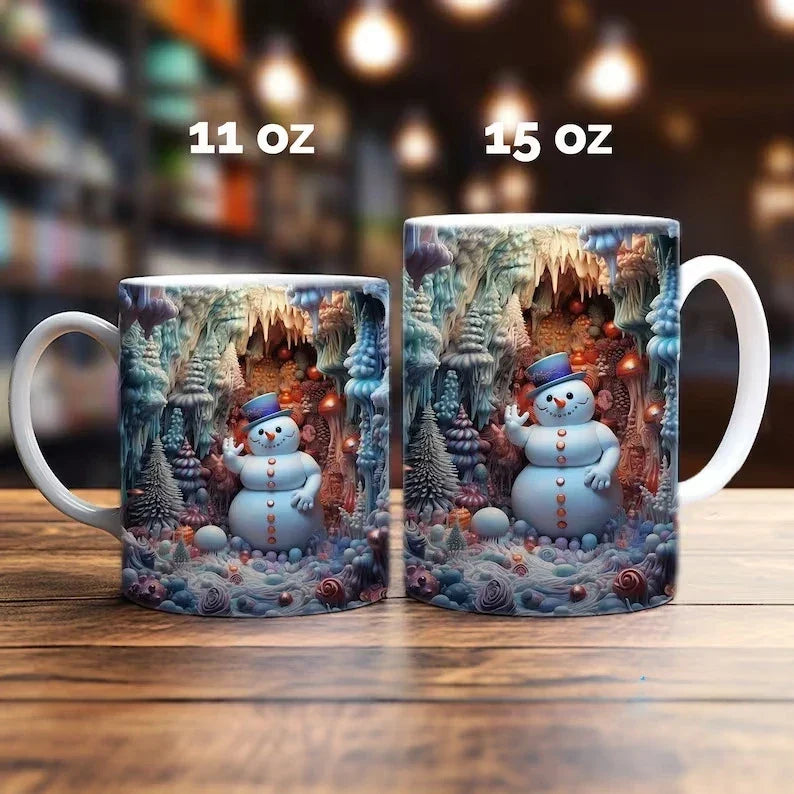 Christmas Ceramic Coffee Mug with 3D Snowman Illusion Print and C-Handle