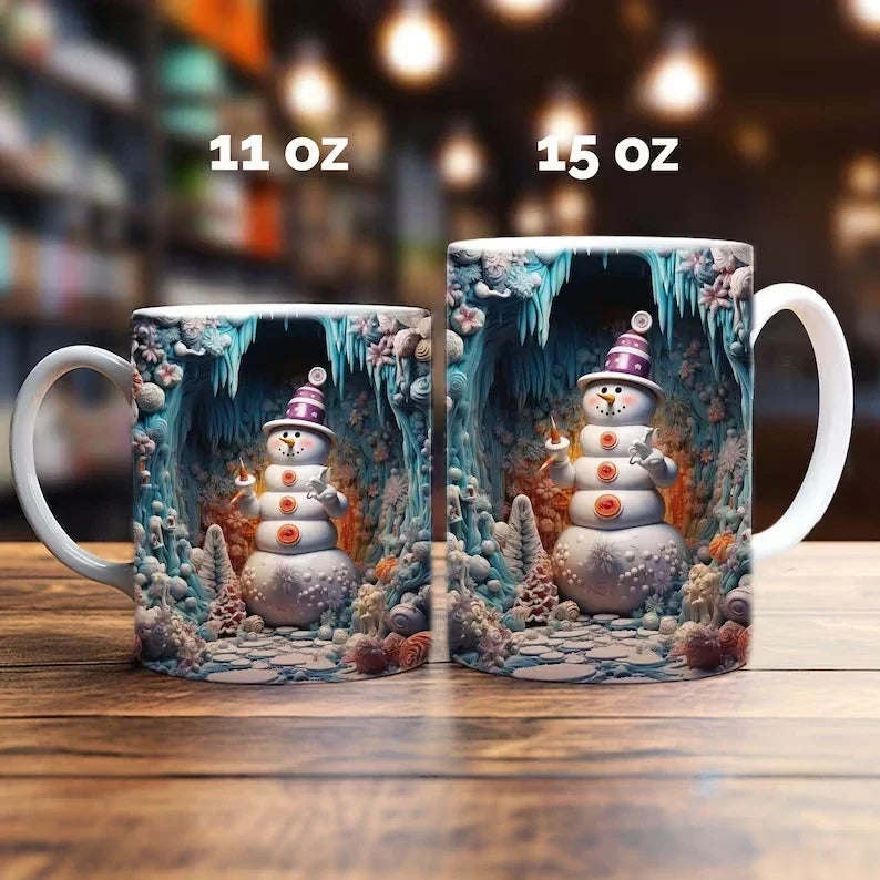 Christmas Ceramic Coffee Mug with 3D Snowman Illusion Print and C-Handle
