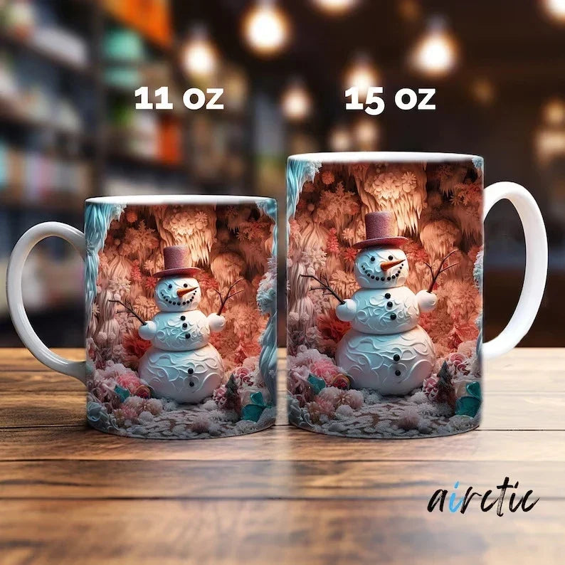 Christmas Ceramic Coffee Mug with 3D Snowman Illusion Print and C-Handle