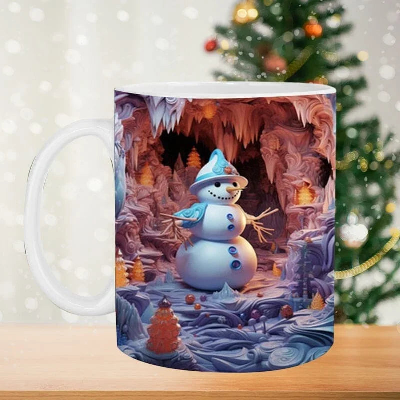 Christmas Ceramic Coffee Mug with 3D Snowman Illusion Print and C-Handle