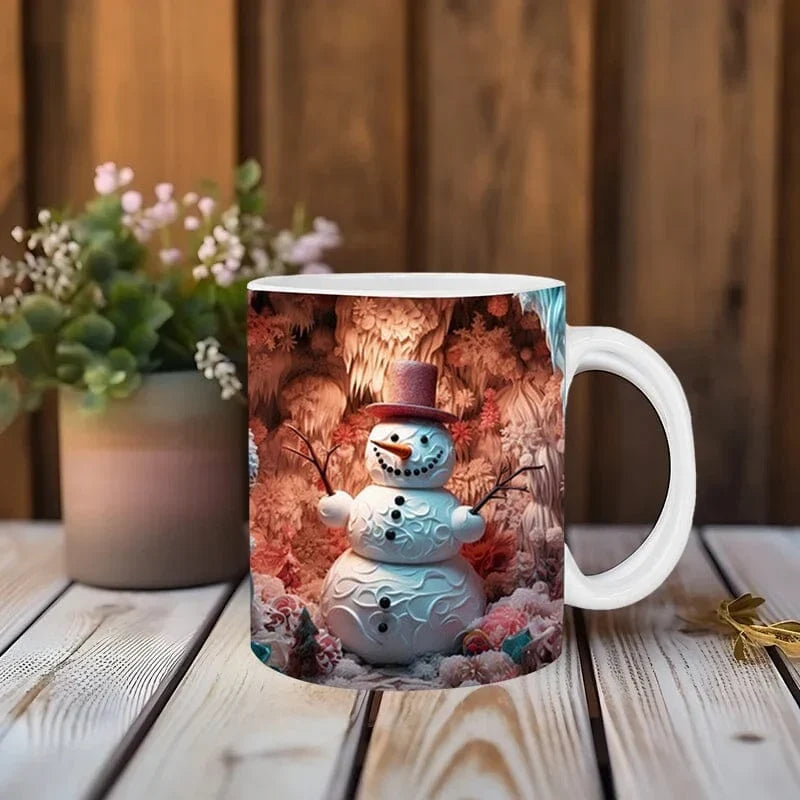 Christmas Ceramic Coffee Mug with 3D Snowman Illusion Print and C-Handle