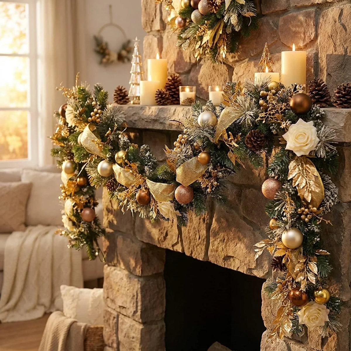 Christmas Garland for Mantel with Ornaments, Artificial Pine and Faux Roses