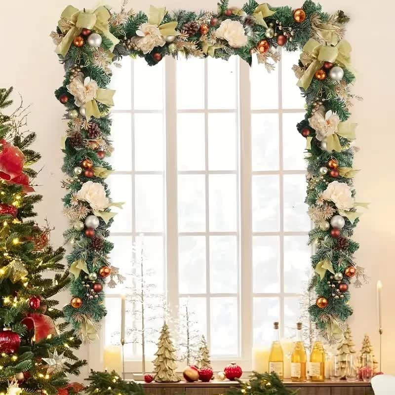 Christmas Garland for Mantel with Ornaments, Artificial Pine and Faux Roses