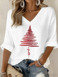 Christmas Printed V-Neck Knit Top
