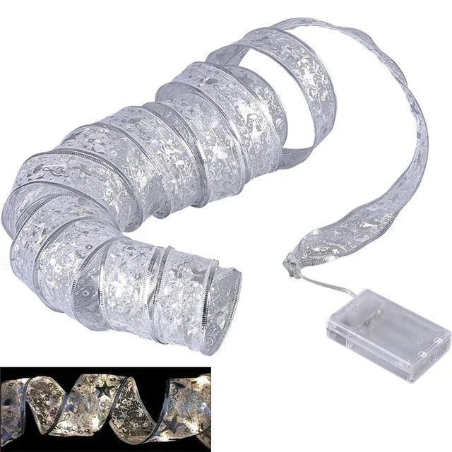 Christmas Ribbon Lights – LED Fairy Lights with Organza Ribbon for Christmas Trees, 3 m or 5 m, 6 Styles