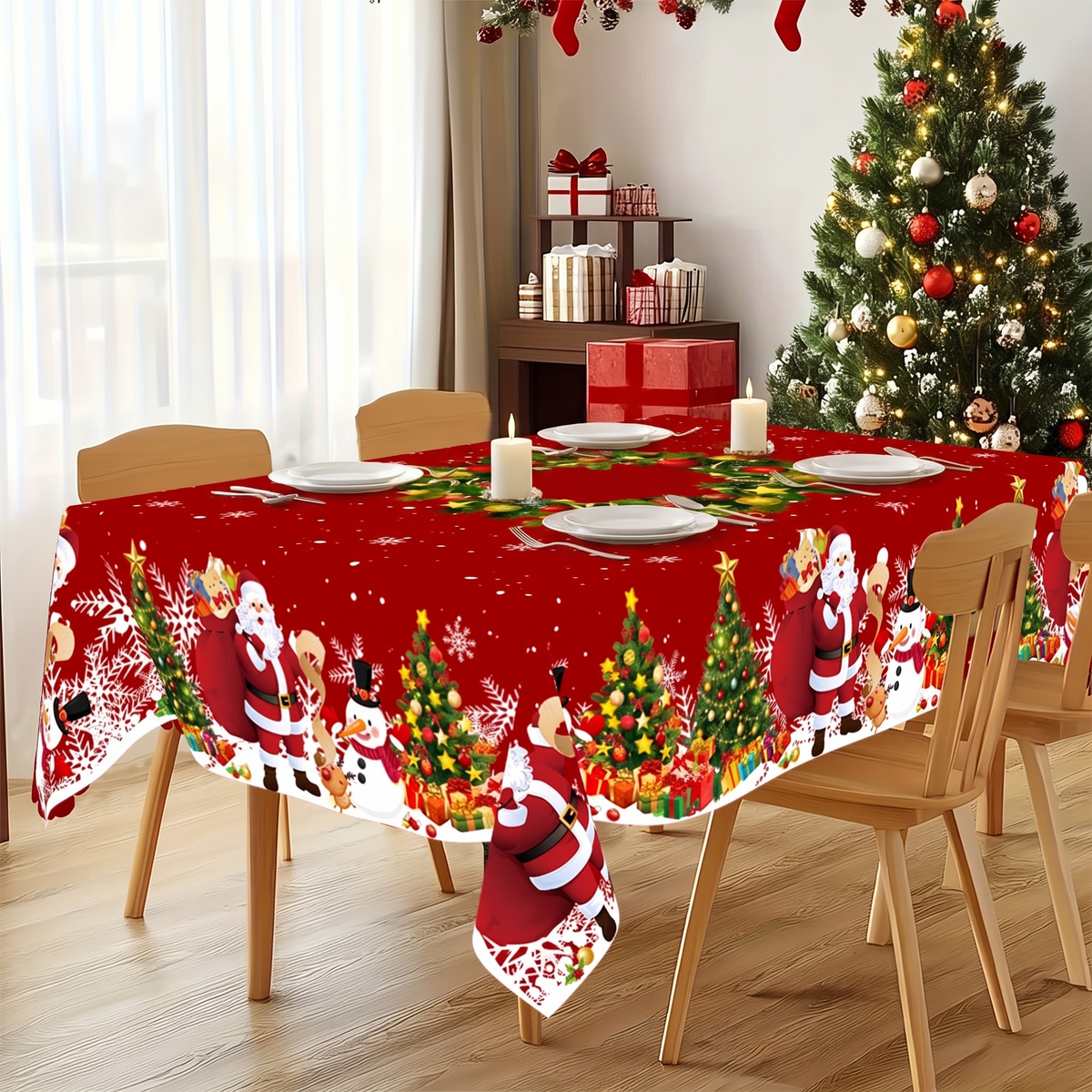 Christmas Tablecloth - Red Tablecloth with Santa Claus, Snowman and Christmas Wreath