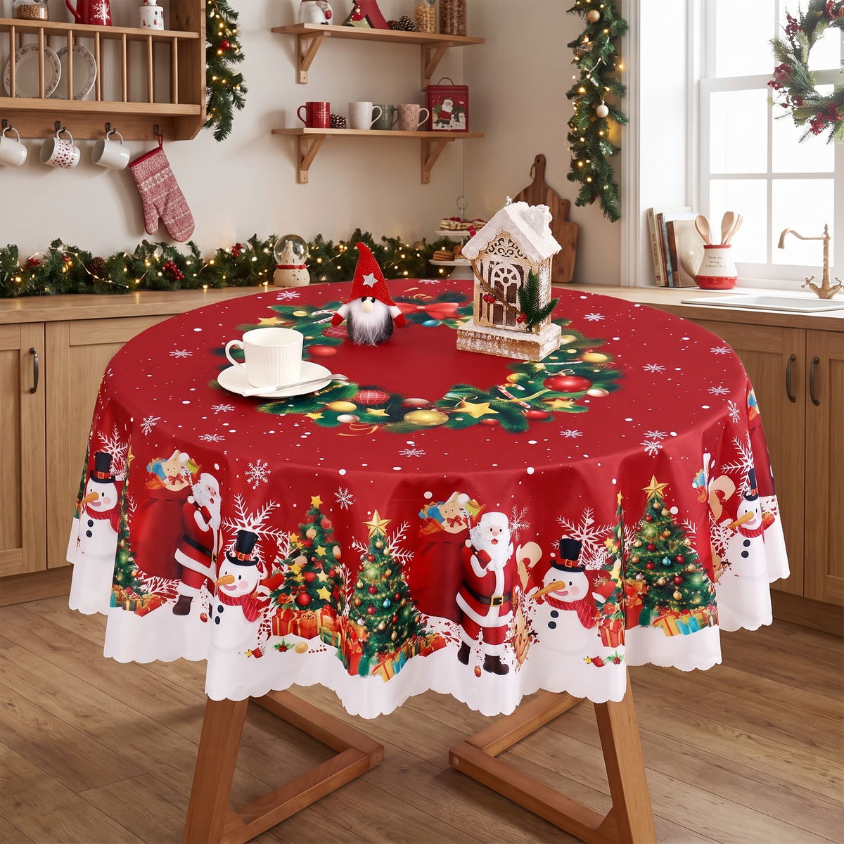 Christmas Tablecloth - Red Tablecloth with Santa Claus, Snowman and Christmas Wreath