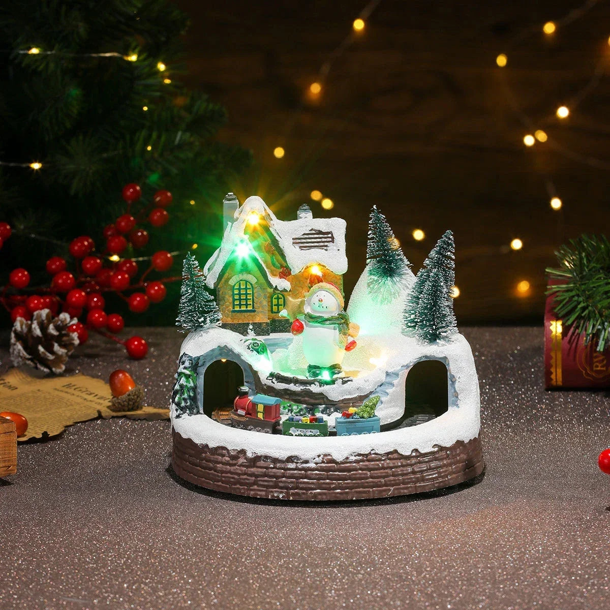 Christmas Village Set with LED Lights and Rotating Miniature Train Display