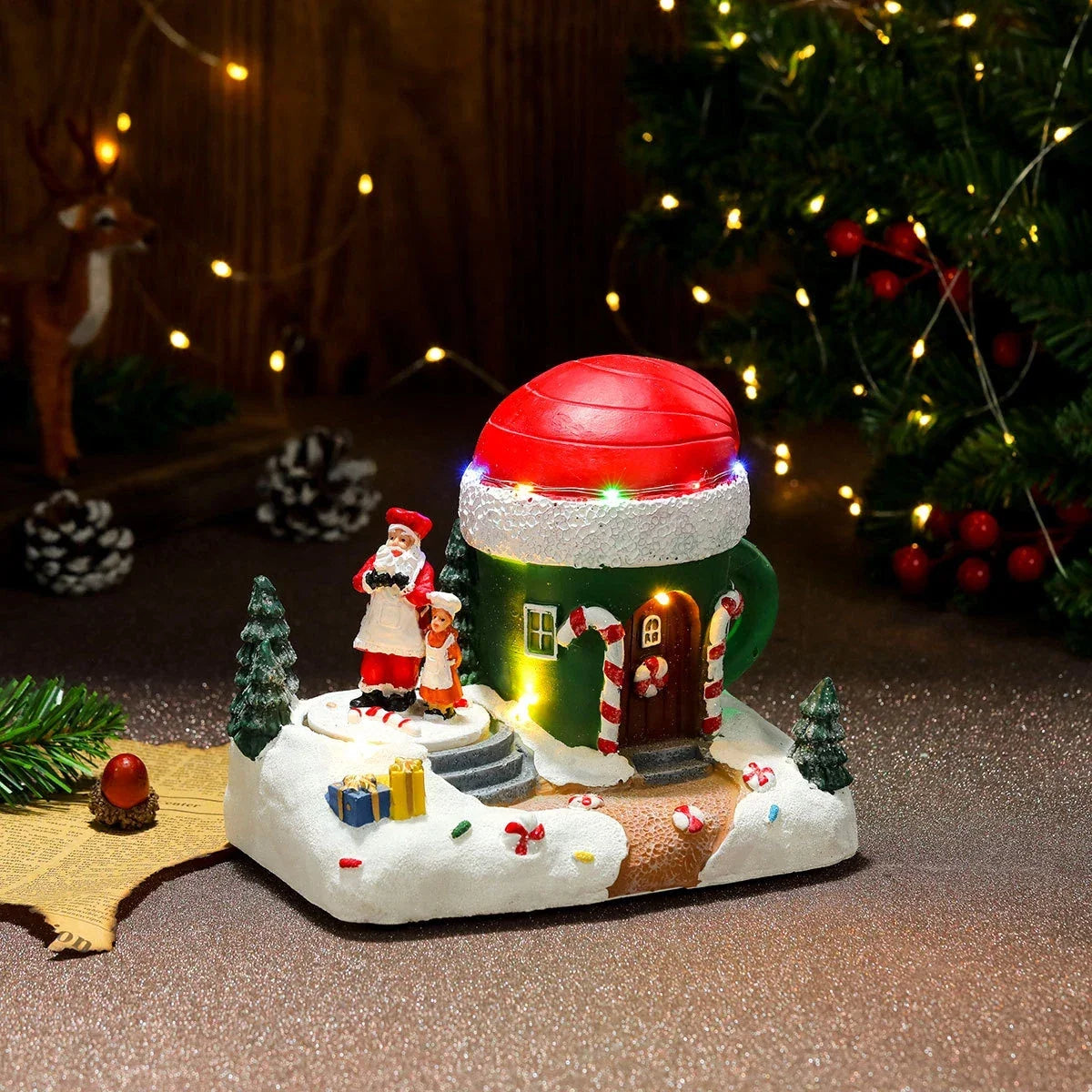 Christmas Village Set with LED Lights and Rotating Miniature Train Display