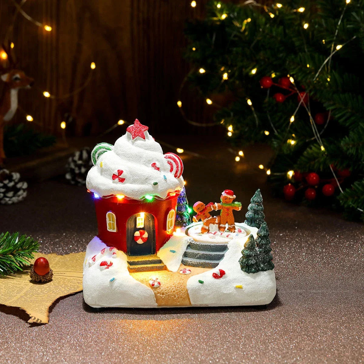 Christmas Village Set with LED Lights and Rotating Miniature Train Display