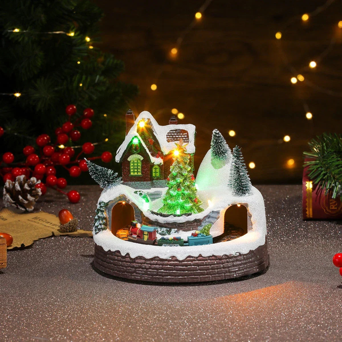 Christmas Village Set with LED Lights and Rotating Miniature Train Display
