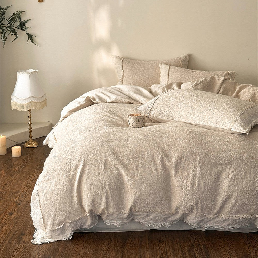 Cotton-Linen Bedding Set with Floral Jacquard Texture and Fine Lace Trim
