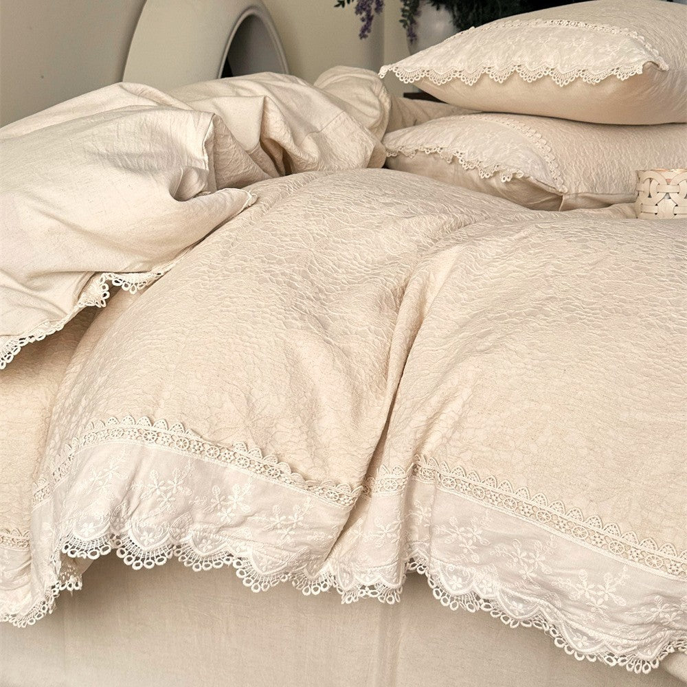 Cotton-Linen Bedding Set with Floral Jacquard Texture and Fine Lace Trim