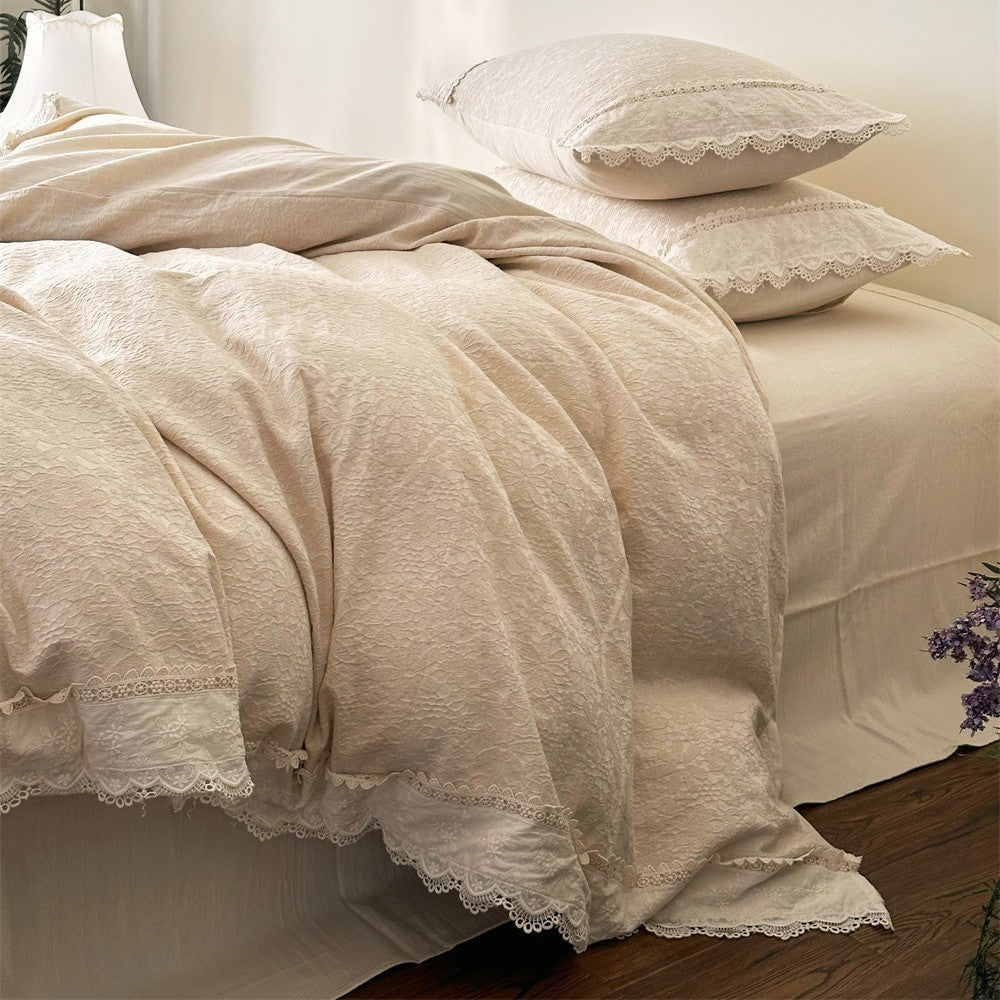 Cotton-Linen Bedding Set with Floral Jacquard Texture and Fine Lace Trim