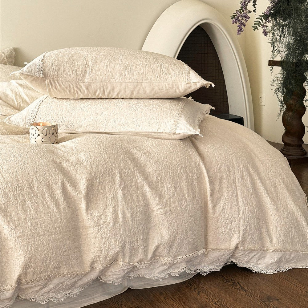 Cotton-Linen Bedding Set with Floral Jacquard Texture and Fine Lace Trim