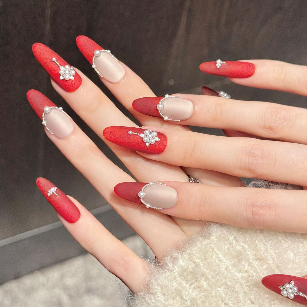 Decorative Press-On Nail Set with Gem Accents