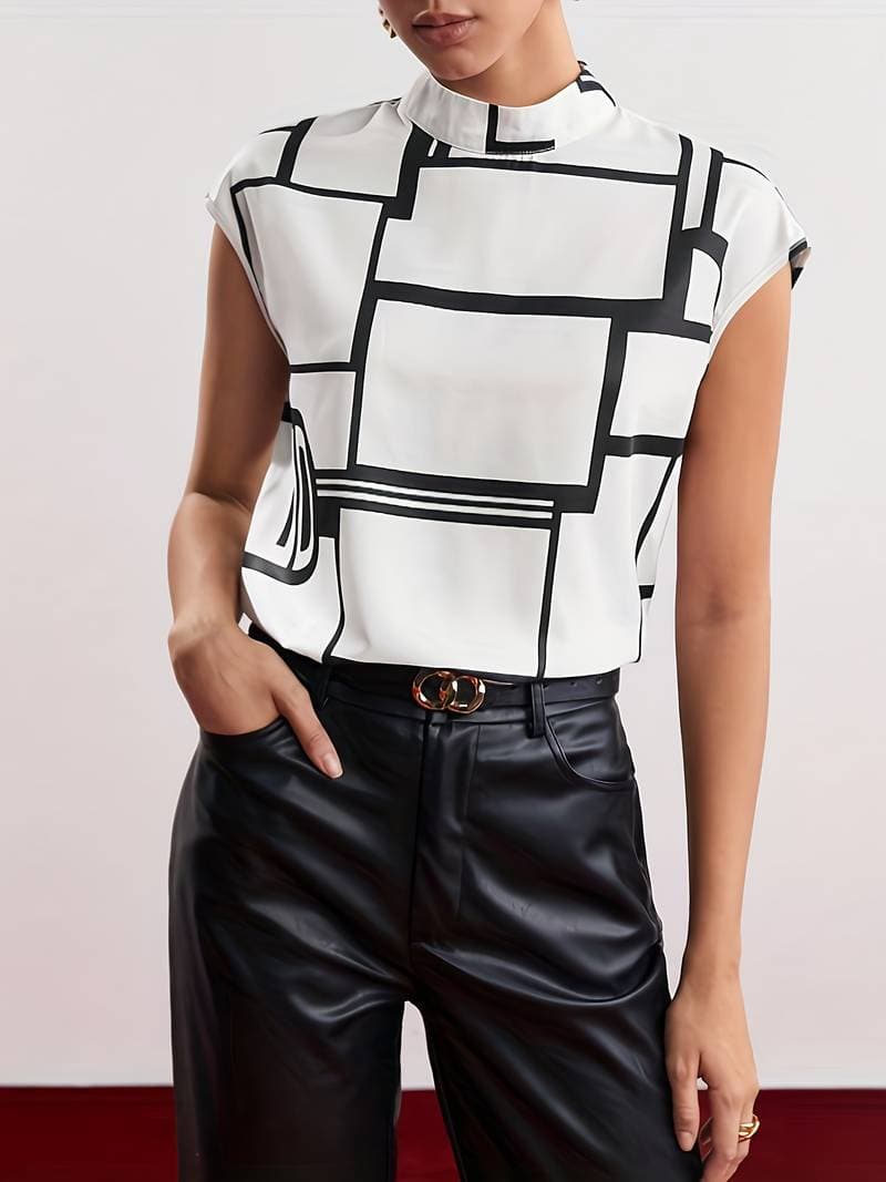 Image of Ellen | Women's Sleeveless Mock Neck Graphic Print Blouse