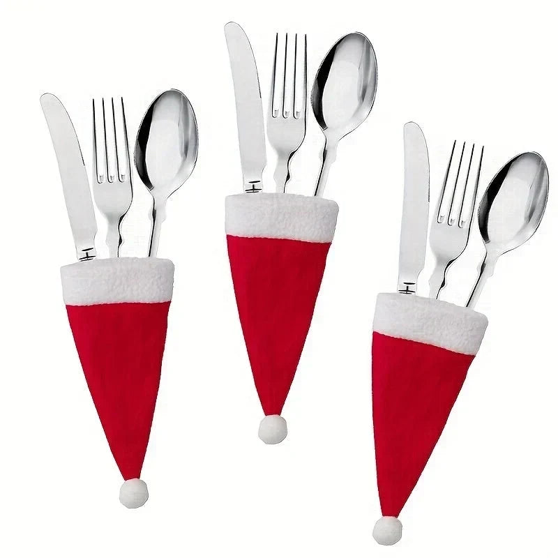 Felt Santa Hat Cutlery Holders with Pom-Pom Christmas Table Decoration Set