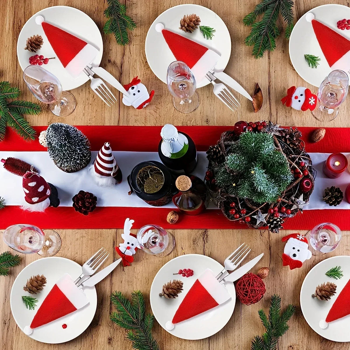 Felt Santa Hat Cutlery Holders with Pom-Pom Christmas Table Decoration Set